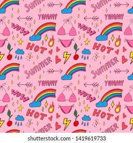 Stylish pop art seamless pattern with decoration element such strawberry, rainbow, bikini, sunglasses, icecream etc. Cartoon vector illustration for banner design on colorfull background.