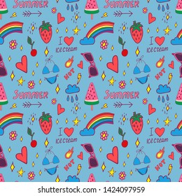 Stylish pop art seamless pattern with decoration element such strawberry, rainbow, bikini, sunglasses, icecream etc. Cartoon vector illustration for banner design on colorfull background.