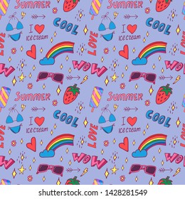 Stylish pop art seamless pattern with decoration element such strawberry, rainbow, bikini, sunglasses, icecream etc. Cartoon vector illustration for banner design on colorfull background.