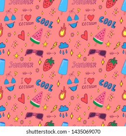 Stylish pop art seamless pattern with decoration element such strawberry, rainbow, bikini, sunglasses, icecream etc. Cartoon vector illustration for banner design on colorfull background.