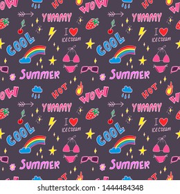 Stylish pop art seamless pattern with decoration element such strawberry, rainbow, bikini, sunglasses, icecream etc. Cartoon vector illustration for banner design on colorfull background.