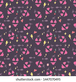Stylish pop art seamless pattern with decoration element such strawberry, rainbow, bikini, sunglasses, icecream etc. Cartoon vector illustration for banner design on colorfull background.