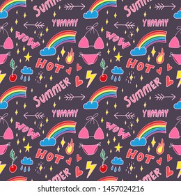 Stylish pop art seamless pattern with decoration element such strawberry, rainbow, bikini, sunglasses, icecream etc. Cartoon vector illustration for banner design on colorfull background.
