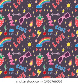 Stylish pop art seamless pattern with decoration element such strawberry, rainbow, bikini, sunglasses, icecream etc. Cartoon vector illustration for banner design on colorfull background.