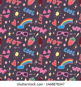 Stylish pop art seamless pattern with decoration element such strawberry, rainbow, bikini, sunglasses, icecream etc. Cartoon vector illustration for banner design on colorfull background.