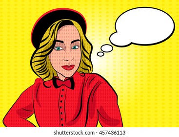 Stylish Pop Art Woman is dressed in shirt and hat