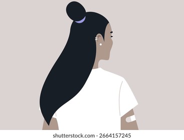 Um retrato elegante captura um indivíduo de trás, mostrando uma bandagem de vacinação em seu braço, simbolizando a resiliência da saúde e o compromisso pessoal com o bem-estar