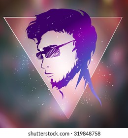 Stylish portrait of handsome hipster man on the blurred background