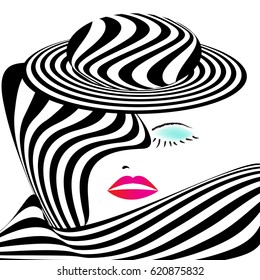 A stylish portrait of a woman in a striped outfit is featured in a minimalist fashion illustration.