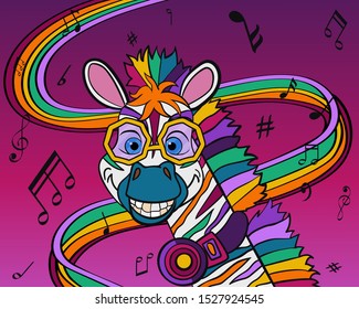 Stylish postcard or poster with cute colorful zebra in headphone and sunglasses on musical background with notes. Bright fun flat vector illustration