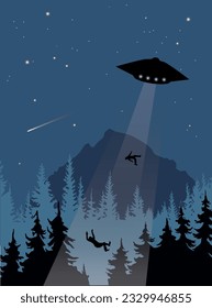 elegante afiche del secuestro de personas por extraterrestres en el bosque. el platillo volador desciende a tierra