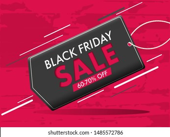 Stylish poster or banner design, Sale tag with 60-70% discount offer on red texture background for Black friday concept.