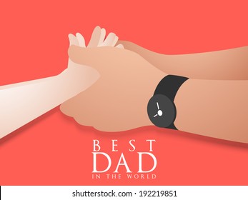 Stylish poster, banner of flyer design with illustration of a father hand holding his child hand on pink background. 