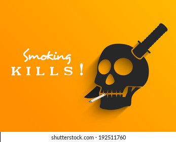 Stylish poster, banner or flyer design with sword in human skull and text smoking kills on yellow background for World No Smoking Day.
