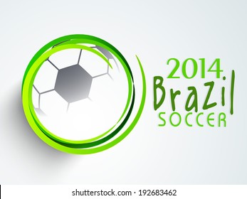 Stylish poster, banner or flyer design with shiny soccer ball and stylish text 2014 Brazil Soccer on blue background.