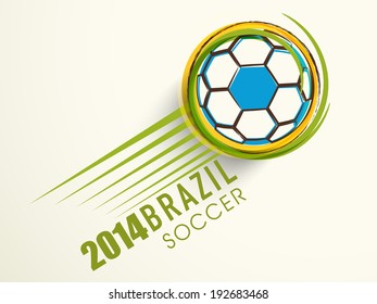 Diseño elegante de afiches, pancartas o volantes con balón de fútbol azul y elegante texto verde Brasil 2014 Fútbol con fondo gris. 