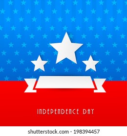 Stylish poster, banner or flyer design with hanging white stars on blue and red background. 