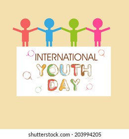 Stylish poster, banner or flyer design with colorful human silhouette joining hands together on beige background for International Youth Day. 