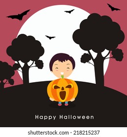 Stylish poster, banner or flyer design with cute little boy holding scary pumpkin in the night. 