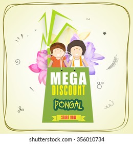 Elegante afiche, cartel o diseño de volante de venta con Mega descuento e ilustración de pareja del sur de India para cosechar festival, feliz celebración de Pongal.