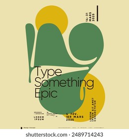 A stylish poster design with organic shapes in muted green and yellow tones, accented with bold typography, ideal for engaging artistic expressions.