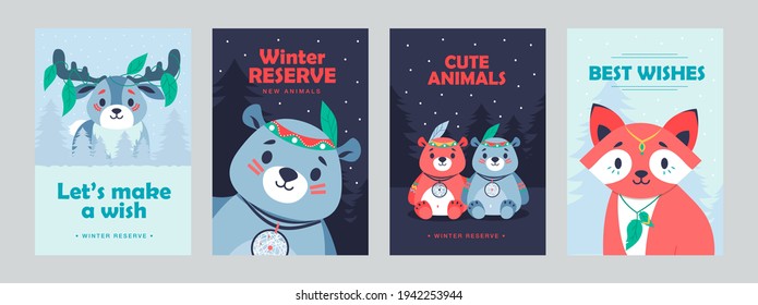 Stylish poster designs with cute mammals. Vivid brochures with fox, bear and deer for hotel. Forest wildlife and animals concept. Template for promotional leaflet or flyer