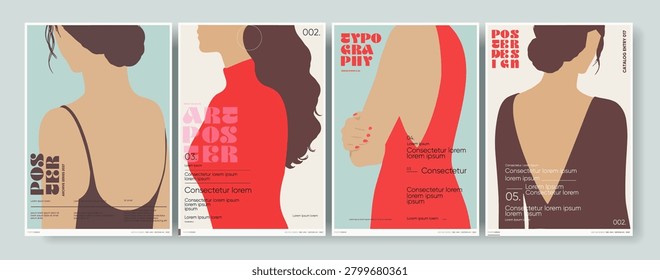 Stylish poster designs featuring minimalist illustrations of women in various poses. The use of bold typography and muted colors creates a modern aesthetic.
