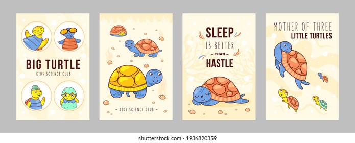 Stylish poster designs with happy turtle. Vivid brochures with sea turtle for kids club on bright background. Marine wildlife and animals concept. Template for promotional leaflet or flyer