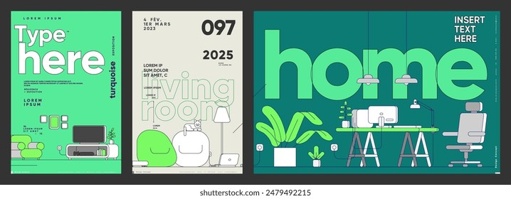 Stylish poster designs showcasing minimalist interiors in a fresh turquoise palette, highlighted by bold typography and clean geometric lines.