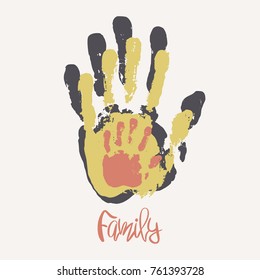 Stylish poster with family handprints. Mom, dad and me vector illustration. Three colorful palm prints of man, woman and child. Black, yellow and red hand imprints on light background.