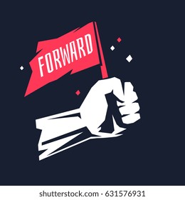 Stylish poster with a fist. The flag in the human hand on a dark background. Vector illustration.