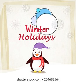 Cartaz elegante, panfleto ou banner de Feriados de inverno com pinguim vestindo um boné de Papai Noel.