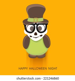 Stylish poster for Halloween night with scary ghost wearing hat and stylish Halloween text on orange background.