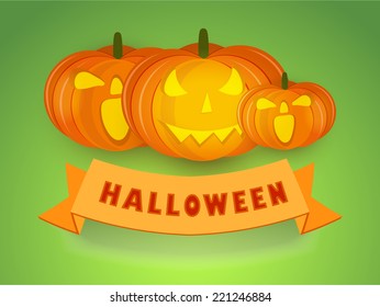 Stylish poster for Halloween party with scary pumpkin faces and Halloween text on green background.