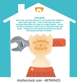 Stylish poster, logo in cartoon style. The hand of the worker locksmith, painter, plasterer, carpenter. Vector illustration.