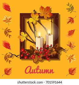 Stylish poster on the theme of golden autumn. Composition of dry twigs and yellowed leaves of the trees in wooden frame with burning candles. Romantic autumn card. Vector cartoon close-up illustration