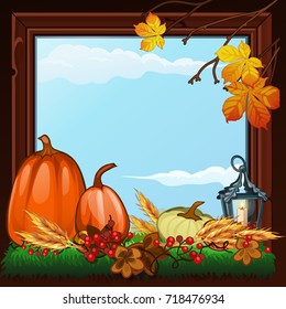 Stylish poster on theme of golden autumn. Composition of dry twigs, pumpkin and yellowed leaves of trees in wooden frame with burning candle. Romantic autumn card. Vector cartoon close-up illustration