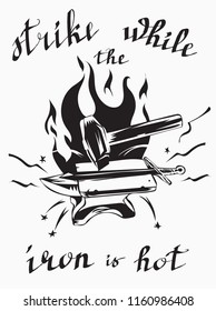 stylish poster saying print for t-shirt sword anvil fire vector b & w