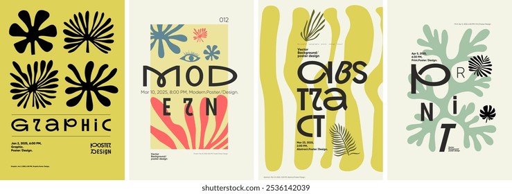 Stylish poster set combining abstract shapes with bold typography. Emphasizes minimalist layouts, modern vector graphics, and organic patterns for 2025 events.