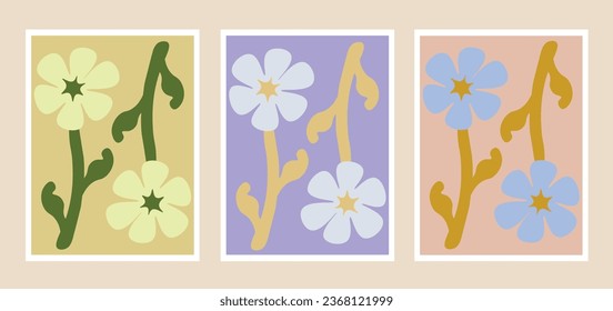 Elegante juego de afiches, flores con tallos y hojas. Conjunto de afiches de patrones creativos. Ilustración del vector