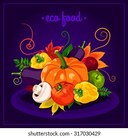 The stylish poster with a set of vector vegetables. Eco food. Autumn harvest. Healthy foods. Fresh and healthy food. Diet. Tomato, yellow pepper, mushroom, pumpkin. Sticker. Print.