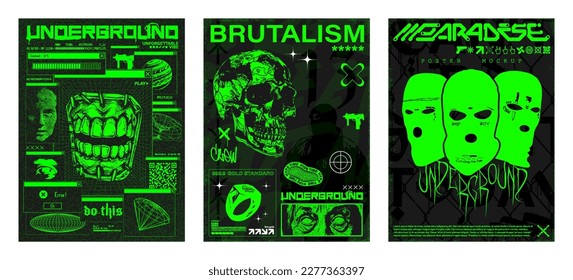 Stylish posters, typography print, t-shirt combining street culture, brutalism, y2k. Retrofuturistic Acid posters with cyber surrealism, underground street concept. Print templates brutalism. Vector