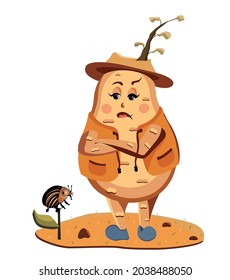 Stylish potato looks with displeasure at the Colordian beetle. Vector illustration.