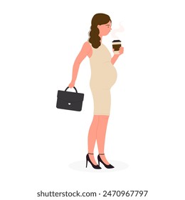 Stylish pregnant woman in dress holding cup of coffee and bag vector illustration