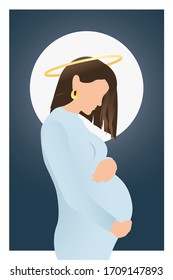 Stylish pregnant woman with nimbus hugging her belly with baby on blue background. Modern hand drawn vector in flat style. Happy Mothers day. Woman in halo