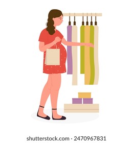 Stylish pregnant woman with shopping bag choosing clothes in fashion store vector illustration