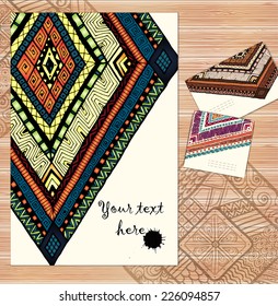 Stylish presentation of business poster, flyer, magazine cover, design layout template on wood background. Decorative ethnic abstract doodle rhombus in vector. Used clipping mask for easy editing.