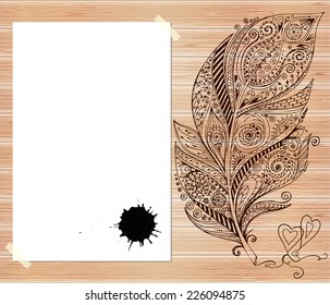 Stylish presentation of business poster, flyer, cover, invitation, design layout template. Folder design content wood background. Decorative ornamental abstract doodle feather, paint stain in vector. 