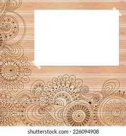 Stylish presentation of business poster, flyer, cover, invitation, design layout template. Folder design content wood background. Decorative ornamental abstract doodle flowers in vector. 