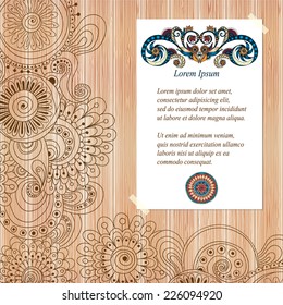 Stylish presentation of business poster, flyer, cover, invitation, design layout template. Folder design content wood background. Decorative ornamental abstract doodle flowers in vector. 